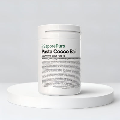 Pasta Cocco Bali SaporePuro, pasta per gelato al gusto di cocco, in confezione con etichetta colorata e dettagli del prodotto