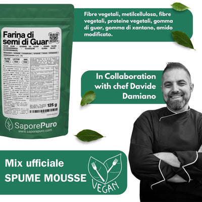 SaporePuro vegan mousse and foam mix in 250g container, showing the product's packaging and contents for professional culinary use.