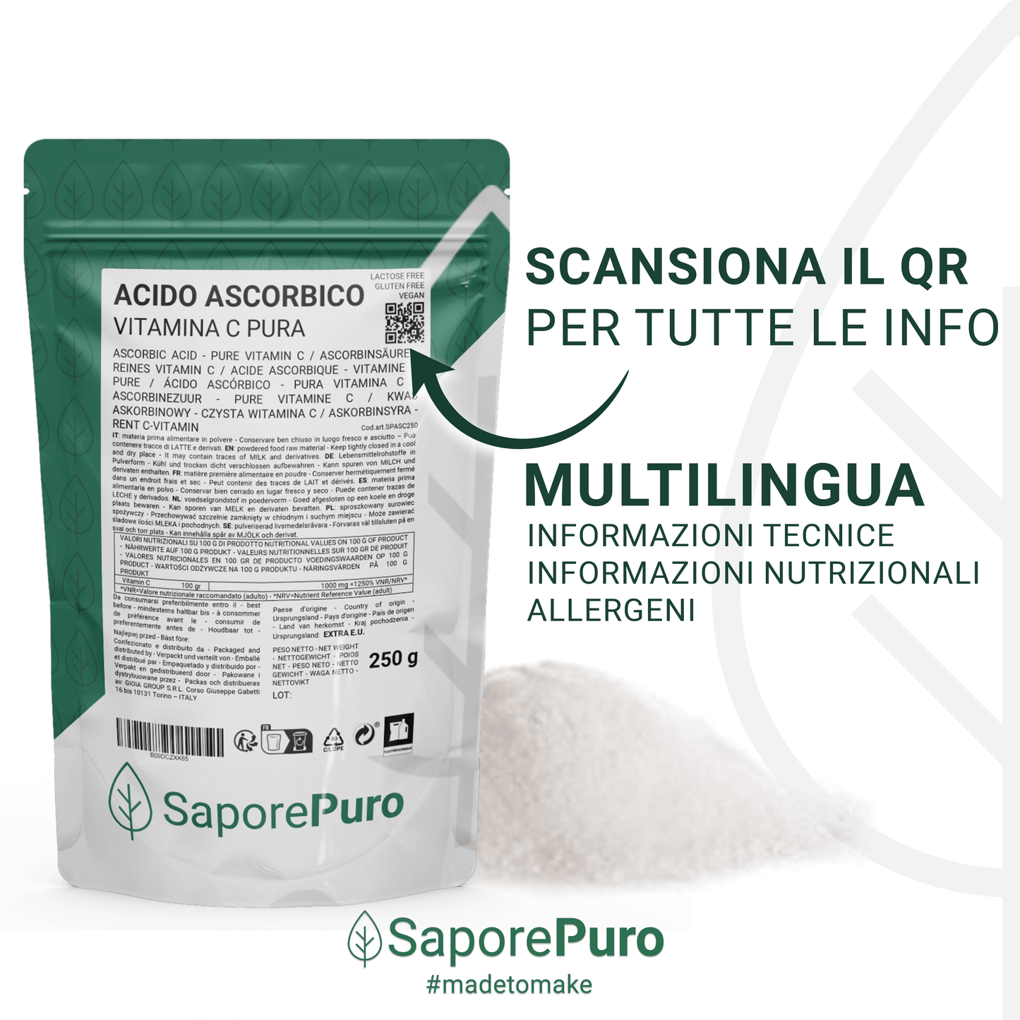 Acido Ascorbico - Vitamina C - (E300) - 1kg - Confezionato in Italia - SaporePuro
