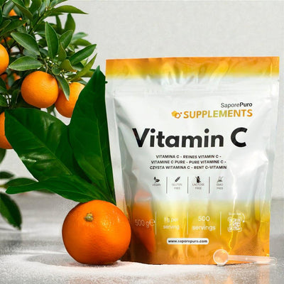 Vitamina C SaporePuro in polvere, acido ascorbico puro per integratori alimentari, confezione frontale.