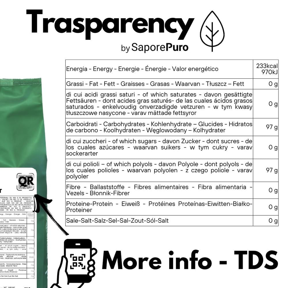 Isomalto from SaporePuro, German origin, used as a baking and cooking ingredient, shown in a clear container with a golden color.
