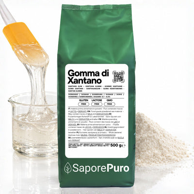 Gomma di xantano E415 di SaporePuro, confezionata in Italia, mostrata in immagine con confezione e ingredienti naturali