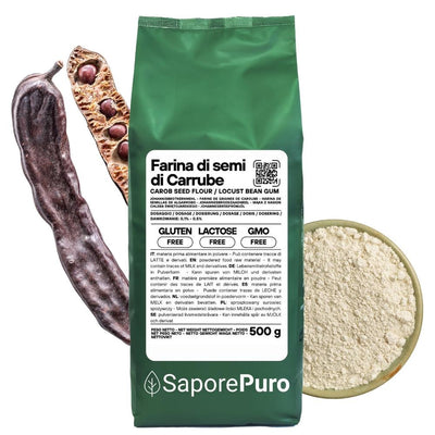 SaporePuro Carrube Seed Flour (E410) from Italy, showing a bag of natural, gluten-free carrube seed powder for baking.