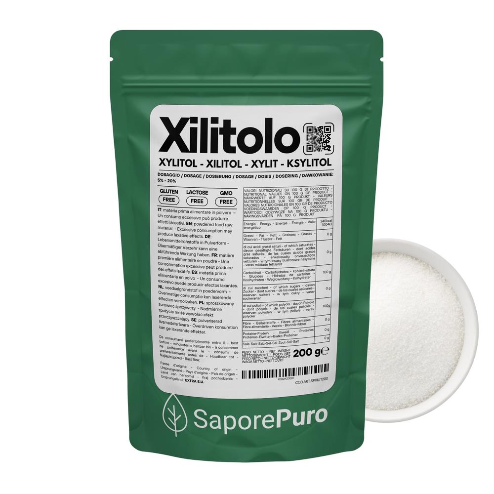 Xilitolo, natural sweetener with fewer calories from SaporePuro, shown in a clear container with white crystalline sugar.