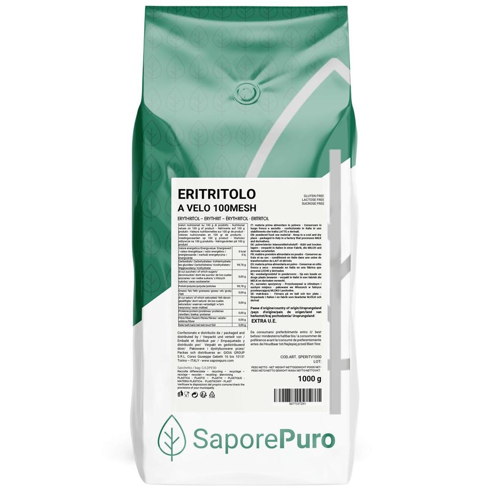 Eritritolo a Velo SaporePuro 1kg, fine 100 mesh zucchero dolcificante a basso contenuto calorico in confezione da 1kg