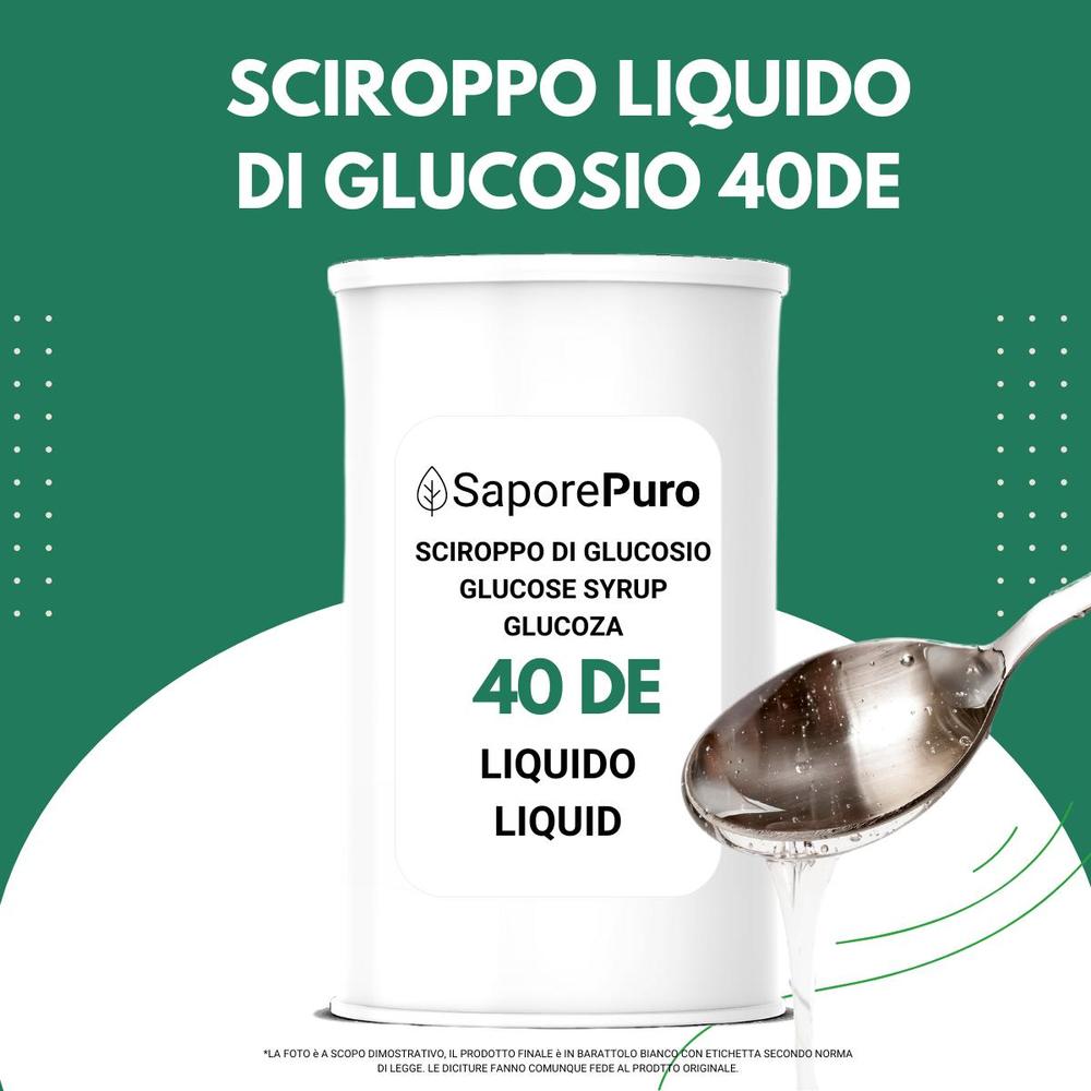 Liquid glucose syrup 40DE by SaporePuro, used for baking and ice cream making, shown in a clear glass bottle with a golden liquid.