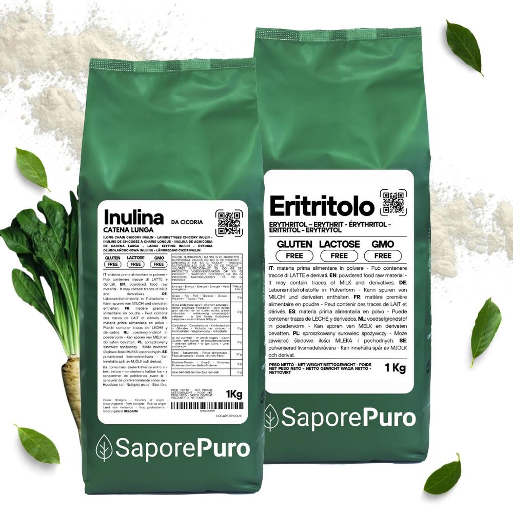 SaporePuro Kit Benessere with 1kg long-chain inulin fiber and 1kg erythritol in a clear packaging for health benefits.