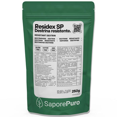 Amido resistente ResiDex SP di SaporePuro, confezione da 250g, con descrizione del prodotto resistente da mais.
