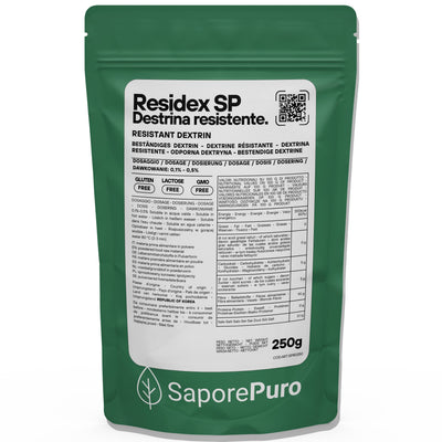 Amido resistente ResiDex SP di SaporePuro, confezione da 250g, mostra la polvere di destrina resistente a base di mais.