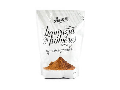 Amarelli Liquirizia in Polvere, 1 kg, fine black licorice powder in a clear container with the Amarelli label.