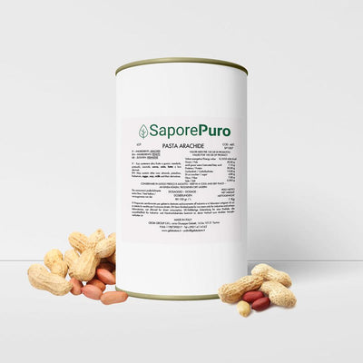 SaporePuro 100% pure peanut pasta in 1kg package, creamy homemade-style peanut spread with textured surface.