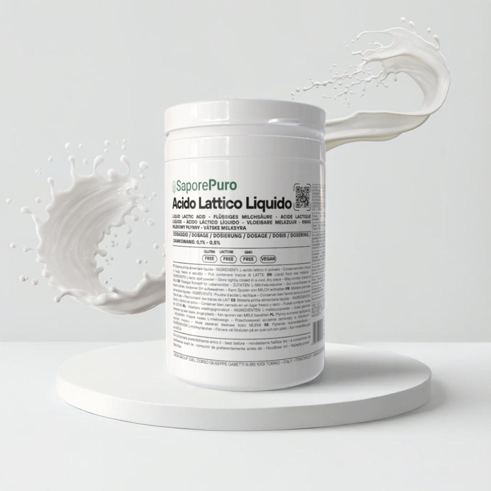 Liquid lactic acid food additive by SaporePuro in a clear bottle, used for flavoring and acidity adjustment in food products.