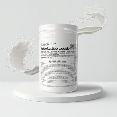 Liquid lactic acid food additive by SaporePuro in a clear bottle, used for flavoring and acidity adjustment in food products.