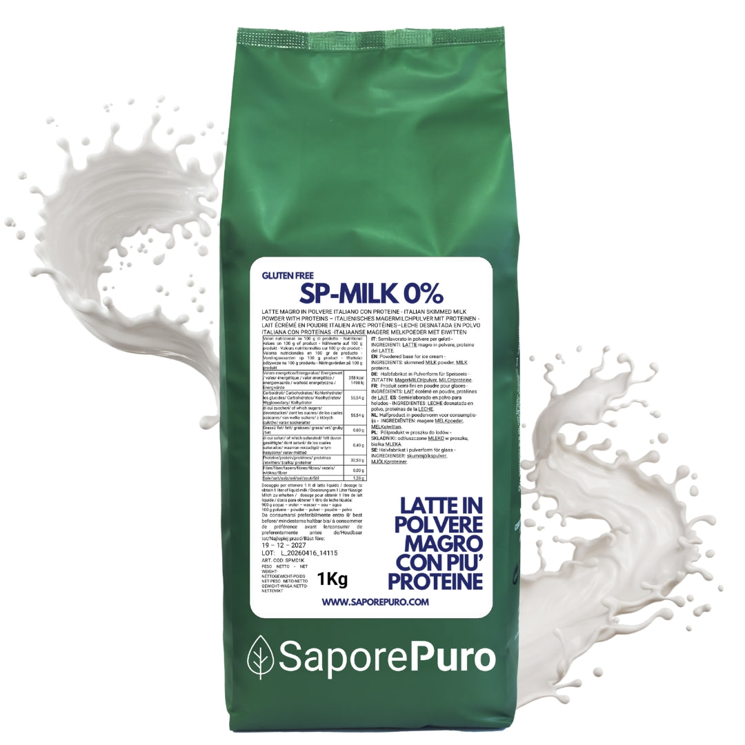 Latte magro in polvere SaporePuro con più proteine, ideale per gelati, pasticceria e altri usi culinari.