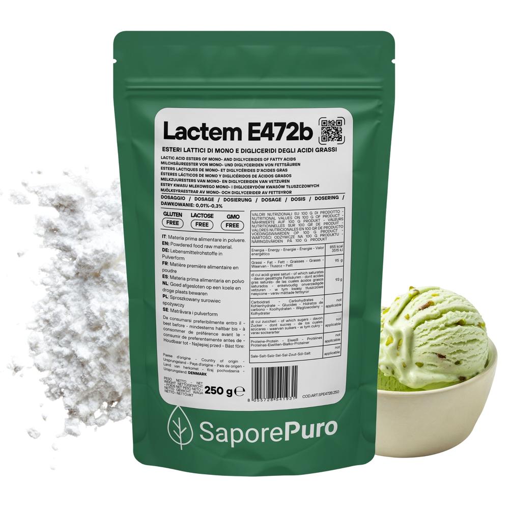 SaporePuro E472b Lactem emulsionante professional for gelato and baking, shown in a container with a smooth, creamy texture
