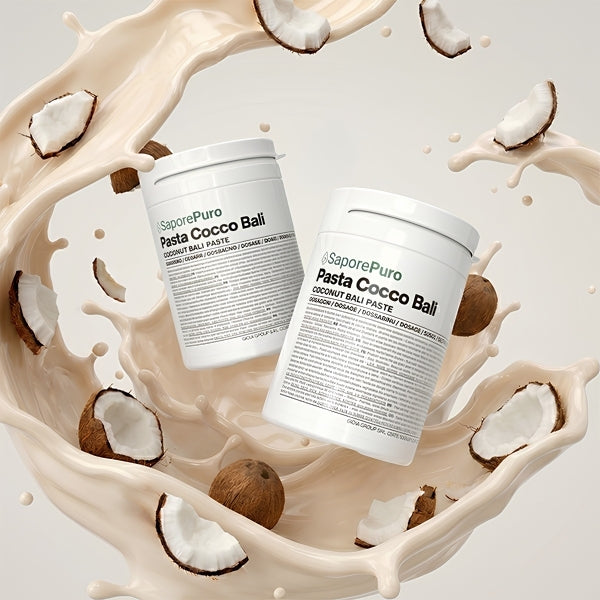 Pasta Cocco Bali SaporePuro per gelato, confezione da 4kg, con pasta di cocco visibile in una scatola.