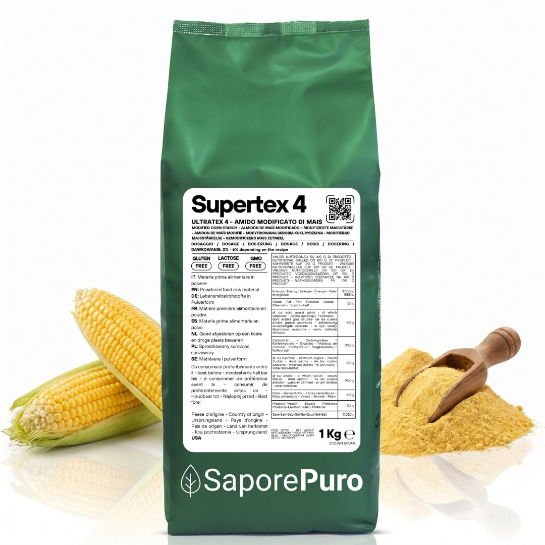 Amido alimentare pregelatinizzato SUPERTEX 4 di SaporePuro, amido modificato da mais per uso a freddo, confezionato in sacchetto.