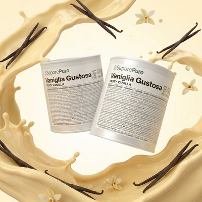 Pasta di vaniglia Gustosa SaporePuro per gelato, contenitore con etichetta e cucchiaio di legno, in primo piano.