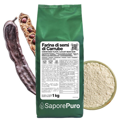 SaporePuro Italian carob seed flour (E410) in a clear bag with a label, showing the fine brown powder inside.