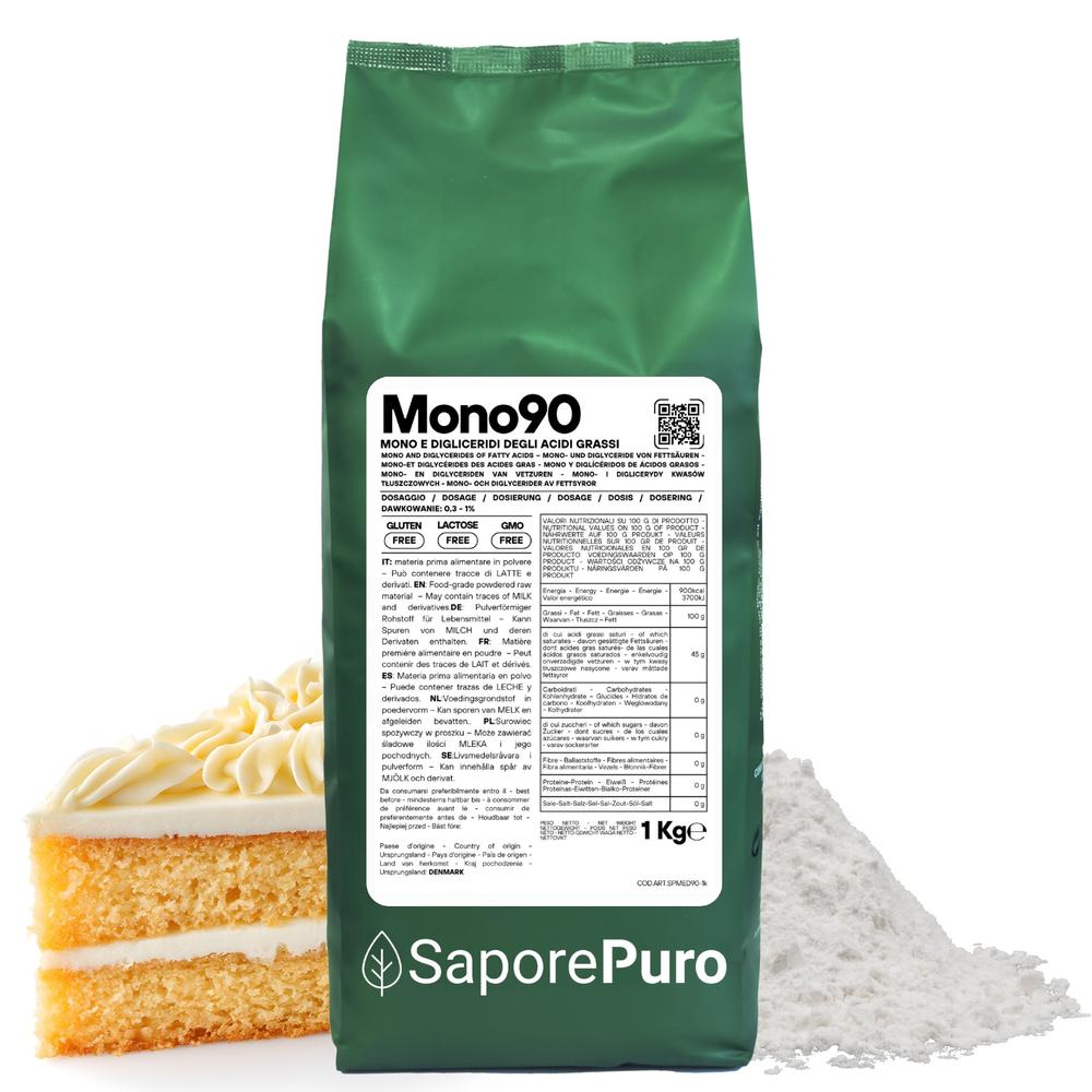 SaporePuro Mono90 emulsifier with mono and diglycerides of fatty acids (E471) in a clear container, ready for culinary use