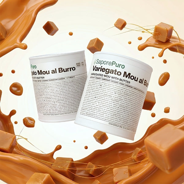 Variegato Mou al Burro SaporePuro, crema al caramello per gelato, in contenitore da 4 kg, visibile in primo piano.