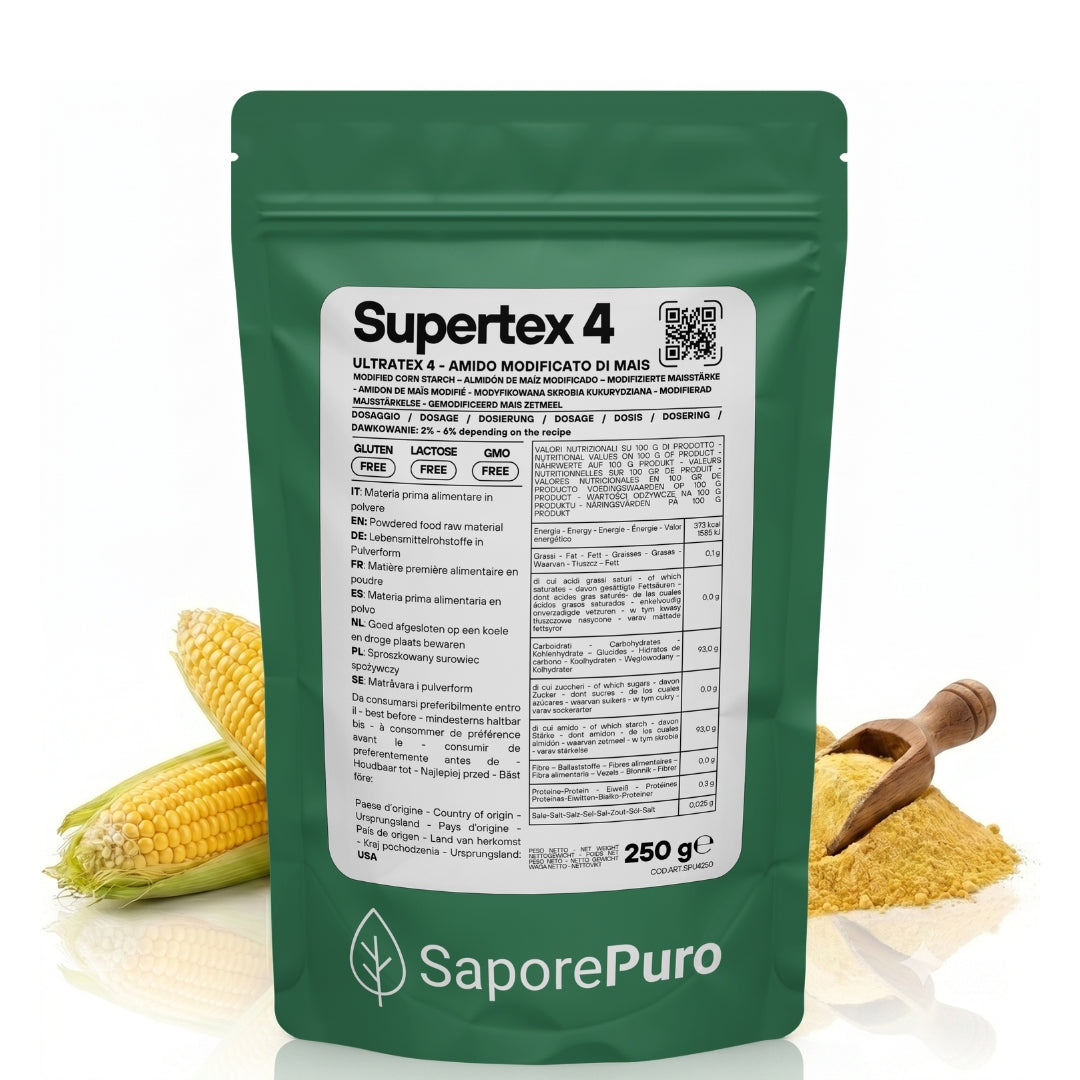 Amido alimentare pregelatinizzato SUPERTEX 4 di SaporePuro, modificato da mais, per uso a freddo in cucina.
