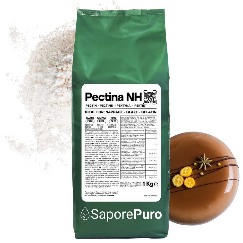 SaporePuro Pectina NH for jams, gels, and glazes, showing the powdered pectin in a clear container with measuring scoop.