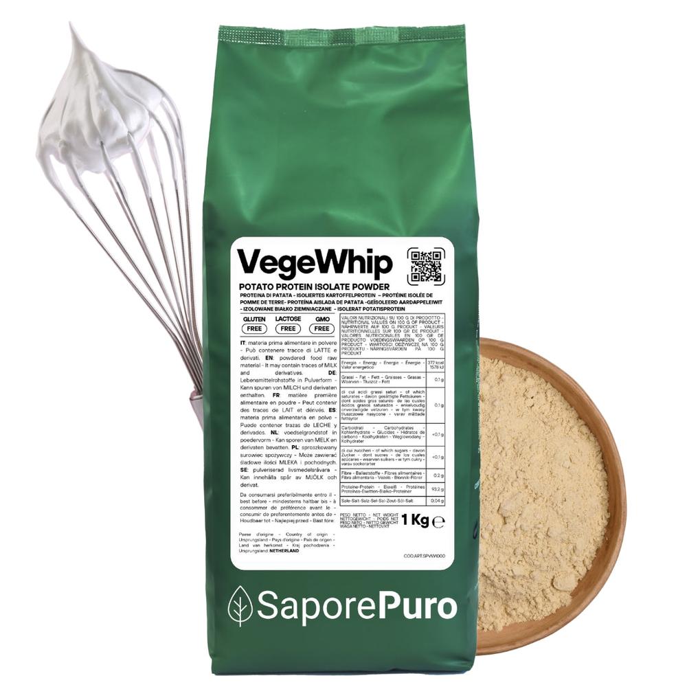 Vegan potato protein isolate powder by SaporePuro, plant-based protein for vegan recipes, in a container on a white background.