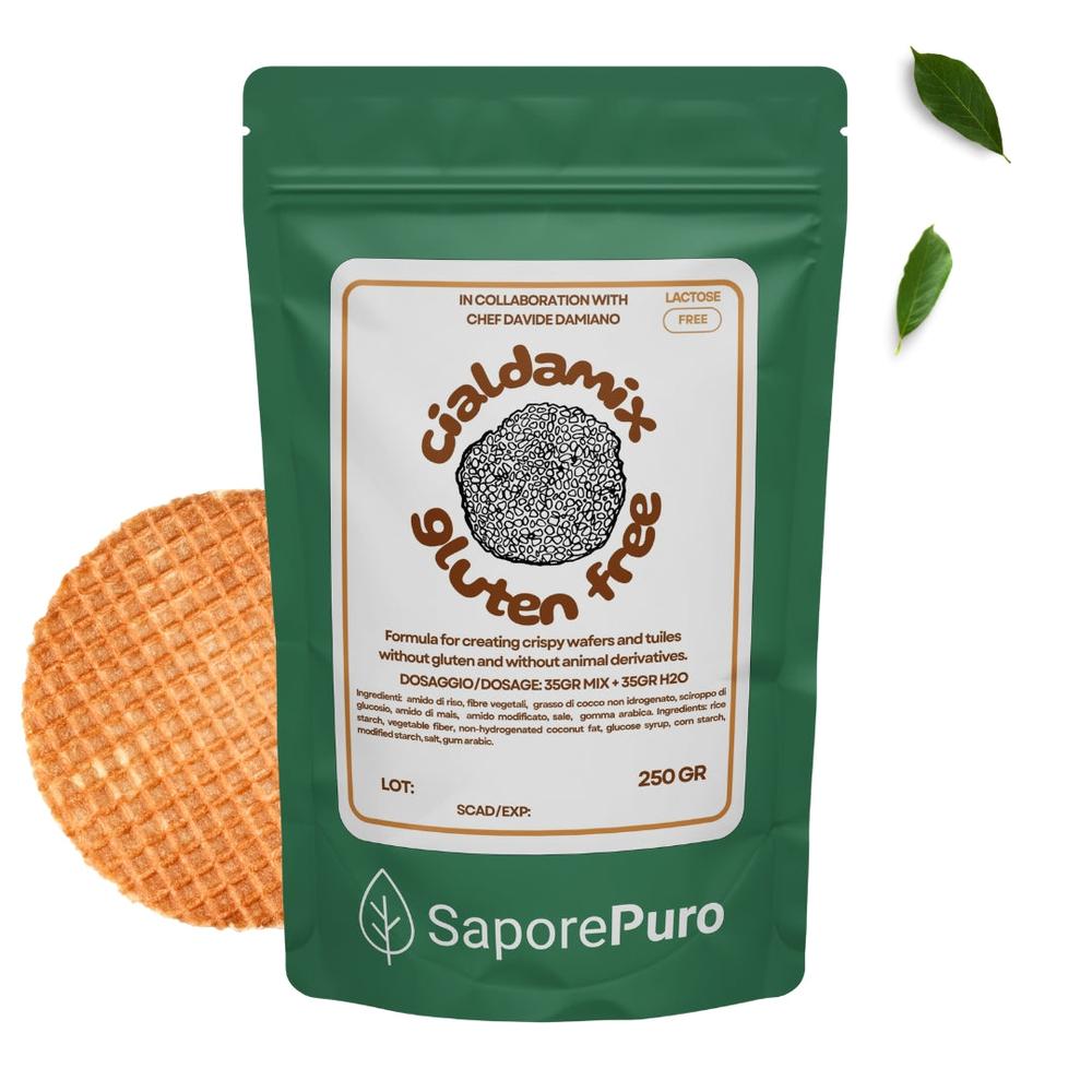 Mix per cialde senza glutine SaporePuro, croccante e leggero, mostrato in confezione da 250g.