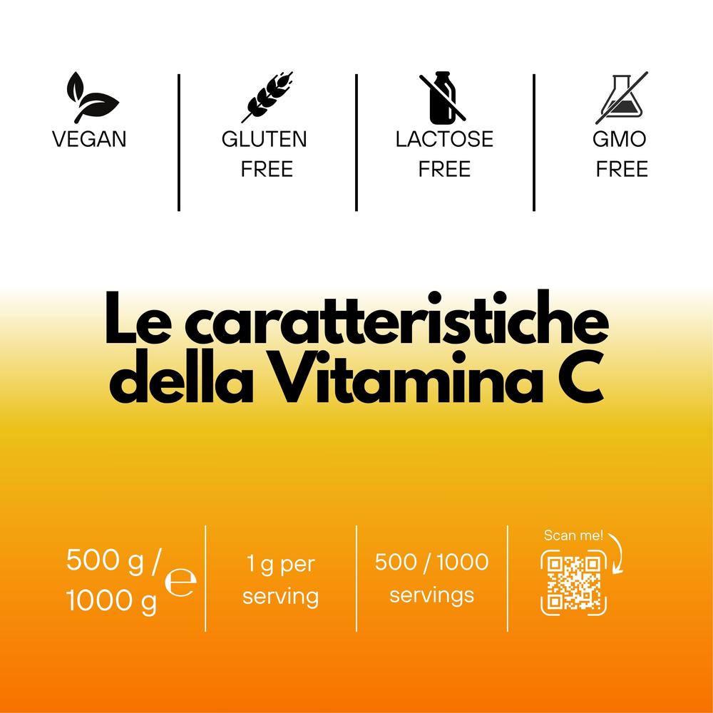 Integratore di vitamina C SaporePuro con acido ascorbico puro, in polvere o compresse, integratore alimentare naturale.
