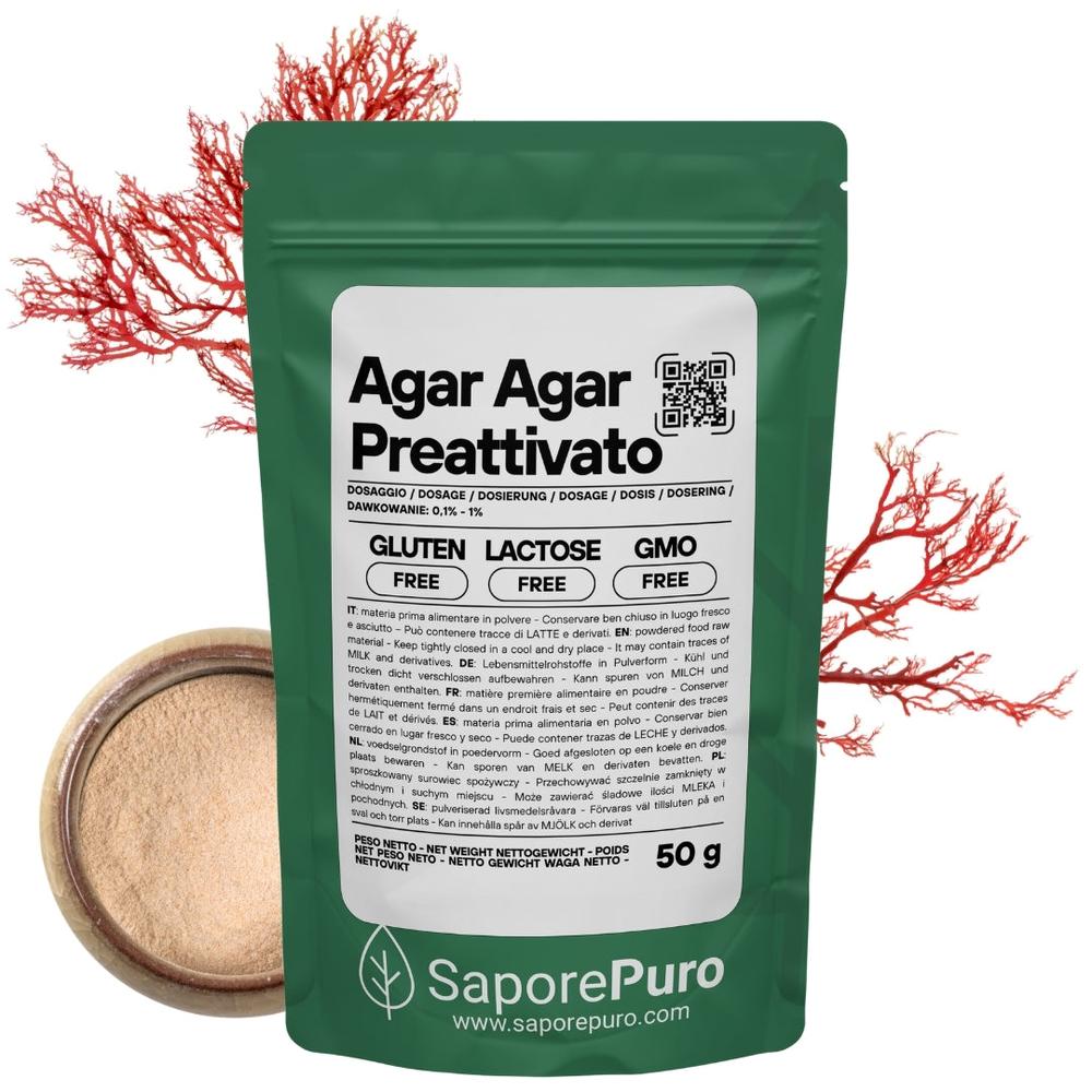 Agar agar preattivato SaporePuro, origine Italia, in confezione, ideale per applicazioni lattiero-casearie, visibile in immagine.