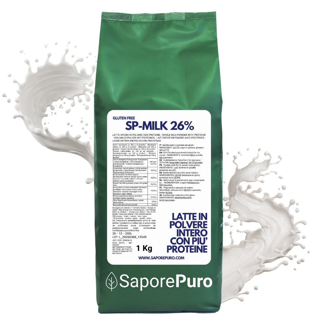 Latte intero in polvere SaporePuro con alto contenuto di proteine, ideale per gelati, pasticceria e uso in cucina.