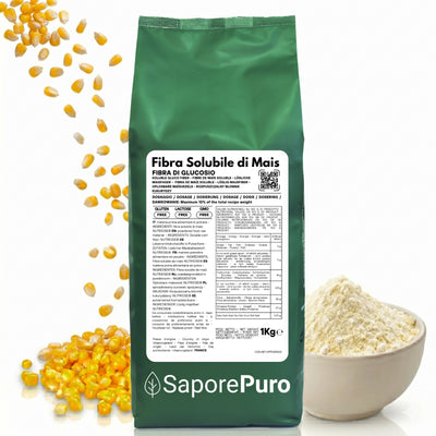Fibra di mais solubile SaporePuro, alternativa all'inulina, visibile in un contenitore per gelati.
