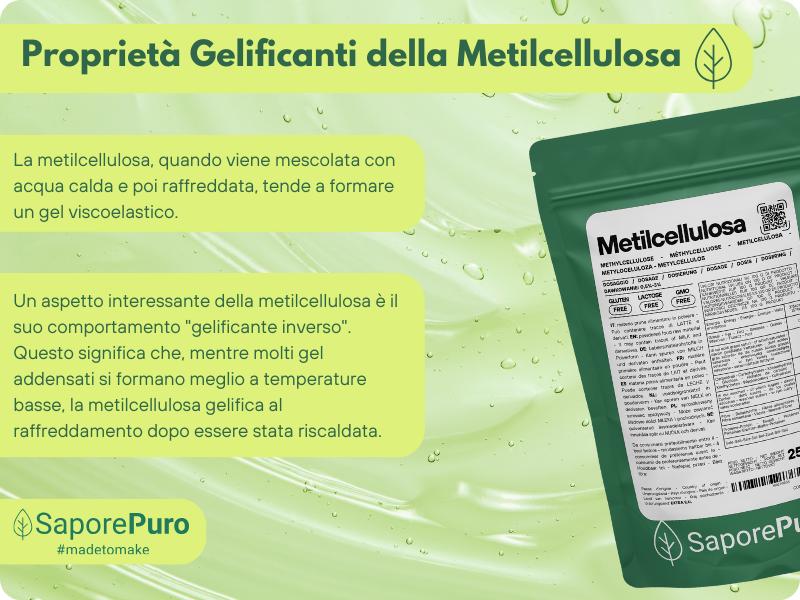SaporePuro Metilcellulosa Alimentare addensante and gelificante in powder form, shown in a clear container ready for culinary use.