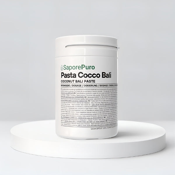 Pasta Cocco Bali SaporePuro per gelato, confezione da 4Kg, mostra la pasta di cocco in una ciotola con ingredienti naturali