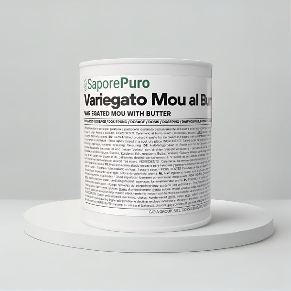 Variegato Mou al Burro SaporePuro, caramello, per gelato, in contenitore da 4 kg, con consistenza cremosa e colore ambrato