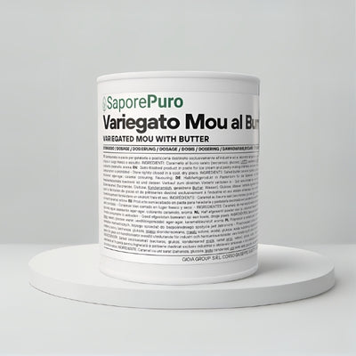 Variegato Mou al Burro SaporePuro, crema caramello per gelato, contenitore da 4 kg, con consistenza variegata e colore dorato
