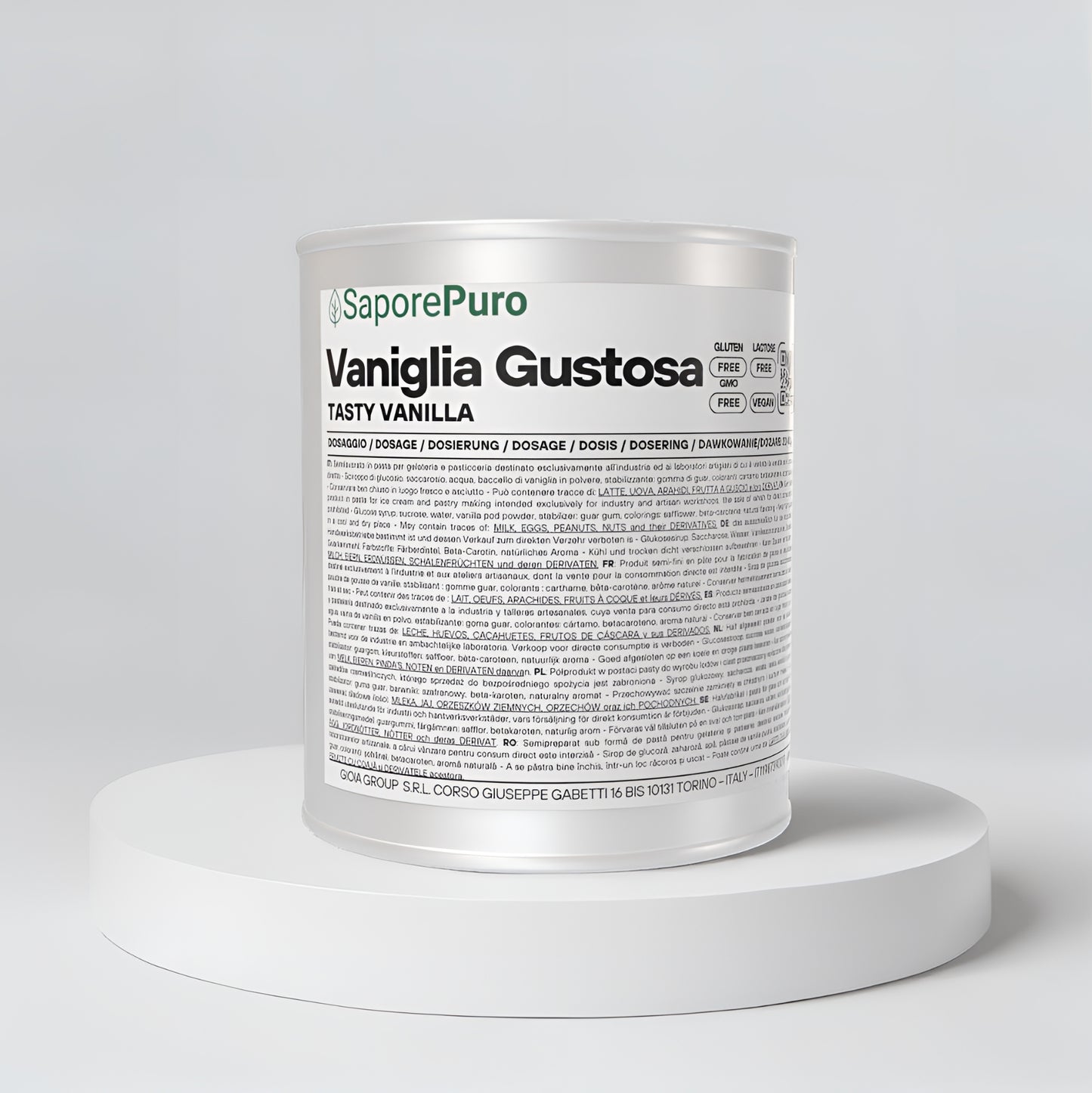 Pasta di vaniglia Gustosa SaporePuro da 4kg, crema aromatizzata per gelato, visibile in confezione bianca con etichetta.