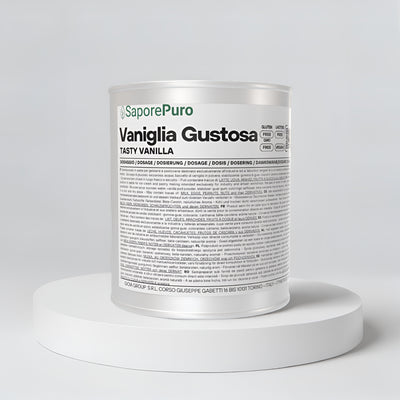 Pasta di vaniglia Gustosa SaporePuro per gelato, contenitore con pasta cremosa e profumata, vista in barattolo.