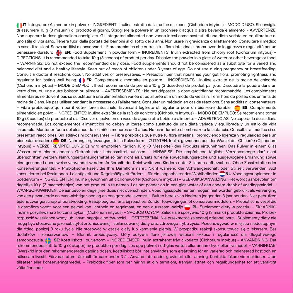 Inulina SaporePuro, integratore alimentare di fibre, in polvere bianca con cucchiaino, naturale e salutare.