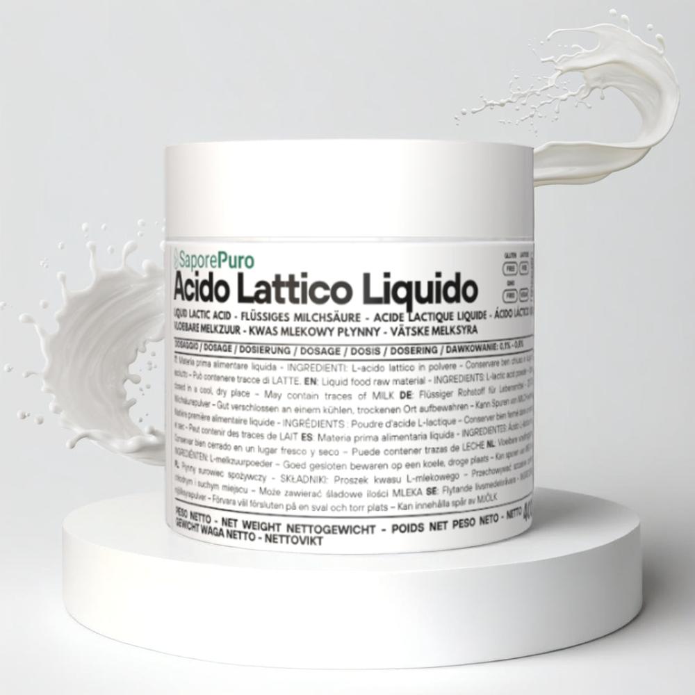 Liquid lactic acid additive from SaporePuro, showing a clear, transparent bottle with a label, used as a food additive.