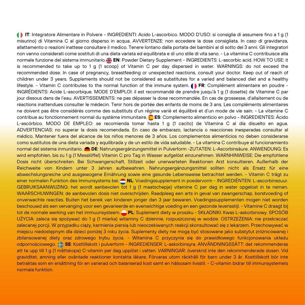 Vitamina C SaporePuro, integratore di acido ascorbico puro, in polvere, contenuto visibile nella confezione.