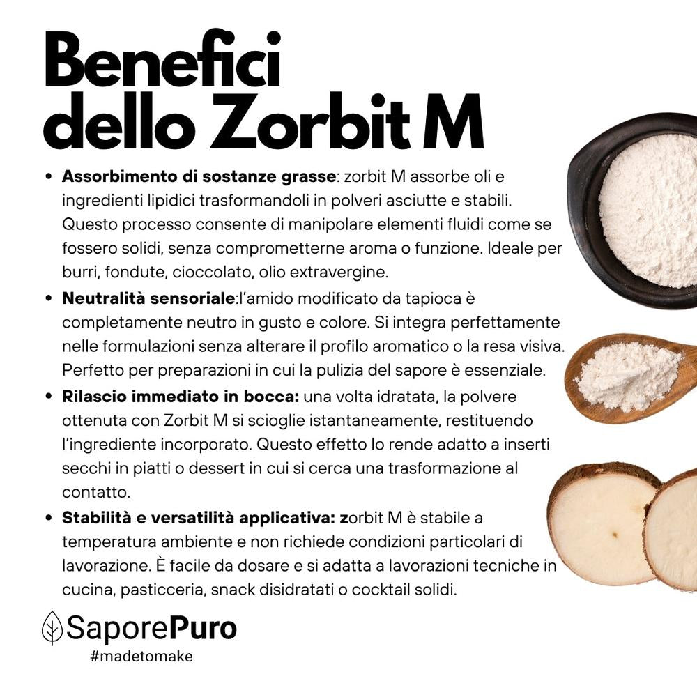 SaporePuro Zorbit M modified tapioca starch, maltodextrin derived from tapioca, shown in a clear container with a white background.