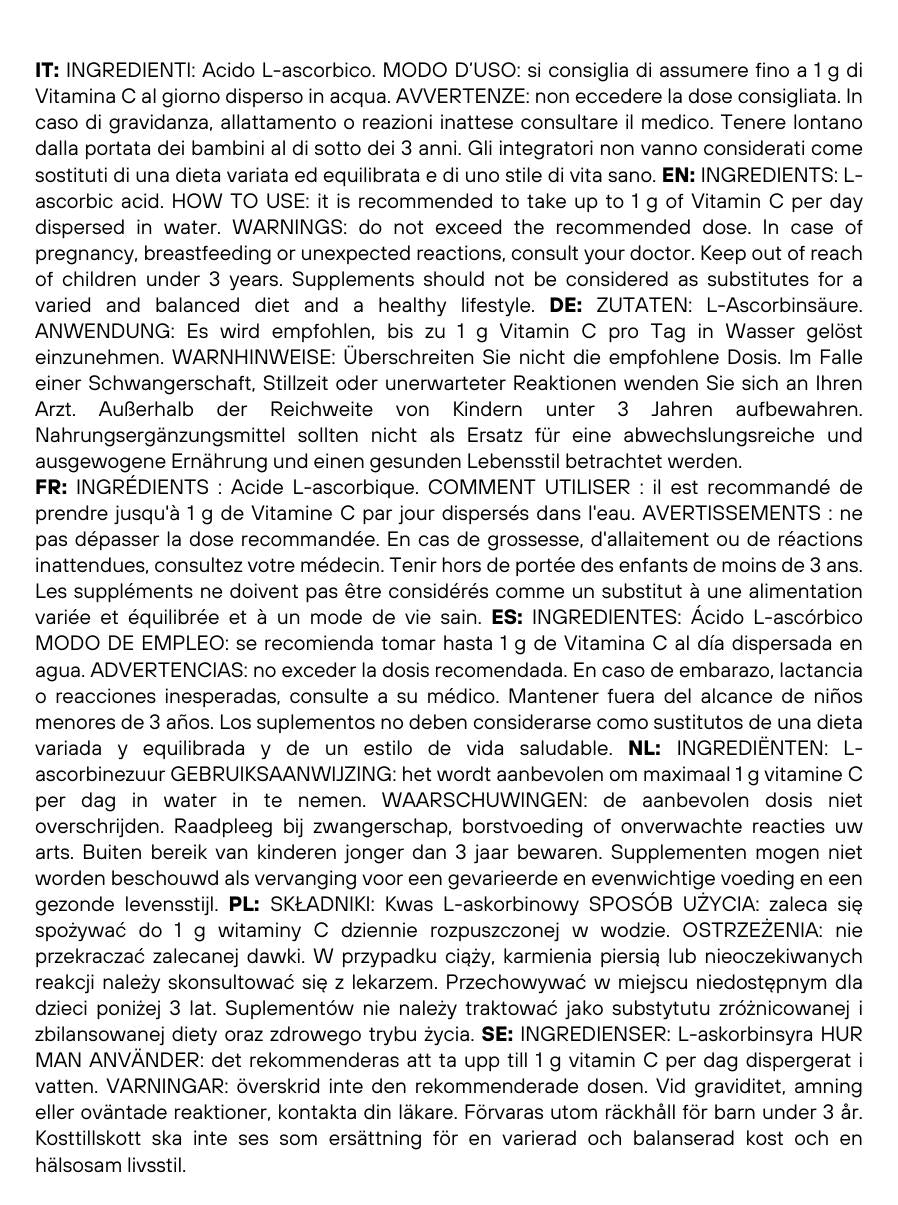 SaporePuro pure vitamin C (Acido Ascorbico) in a packaged supplement, showing the powder form in a clear container.