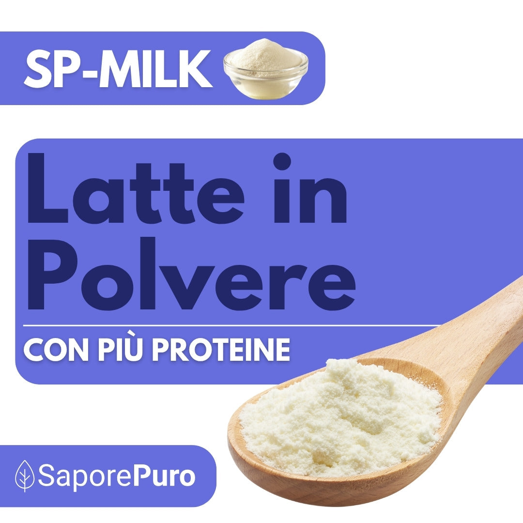 Latte intero in polvere SaporePuro con alto contenuto proteico, ideale per gelati, pasticceria e usi culinari.