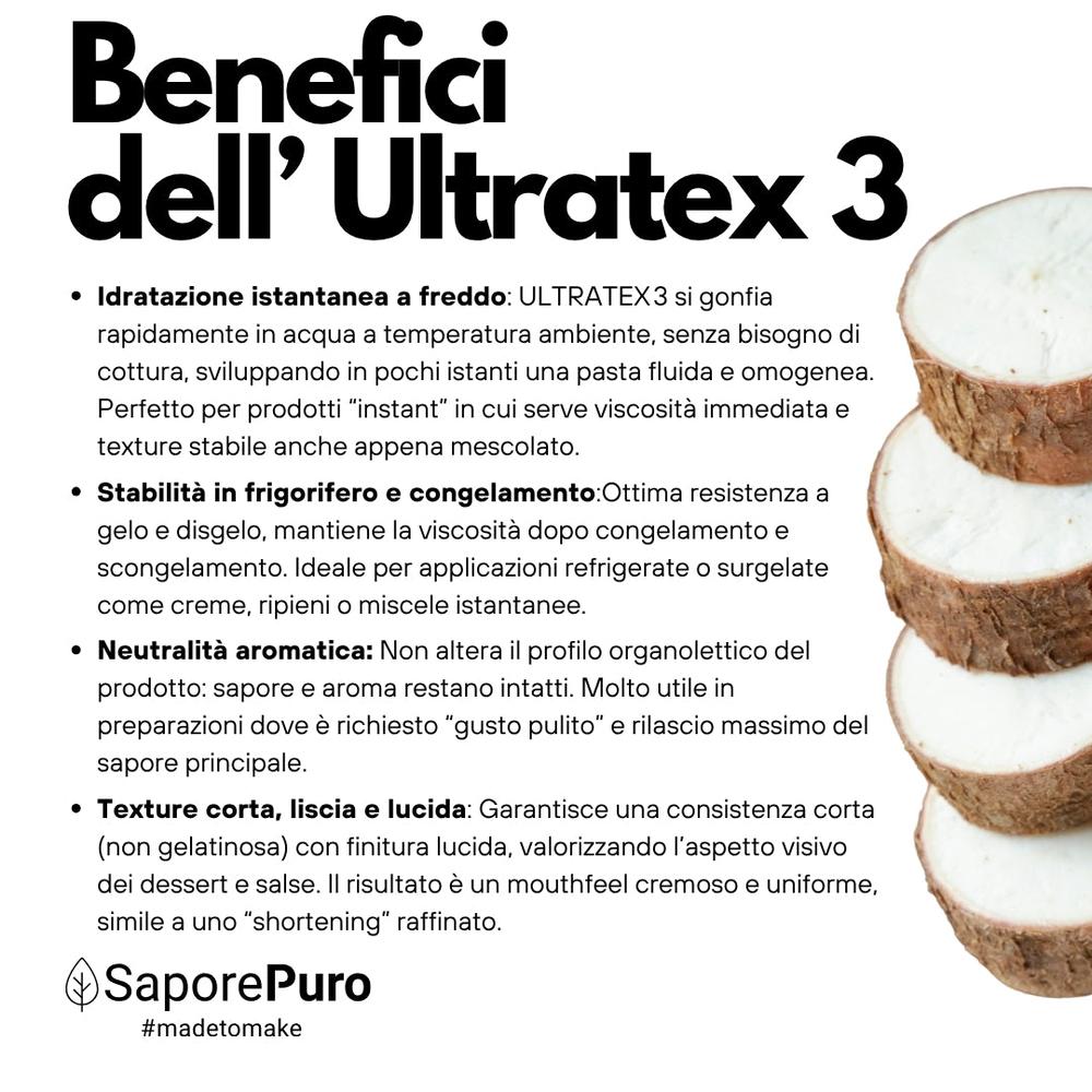 SaporePuro ULTRATEX 3 modified tapioca starch for cooking, shown in a close-up of the white powder in a scoop.