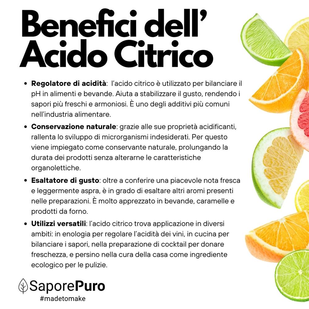 SaporePuro Acido Citrico food additive in a clear container, suitable for cocktails, wine, cleaning, and enology applications.
