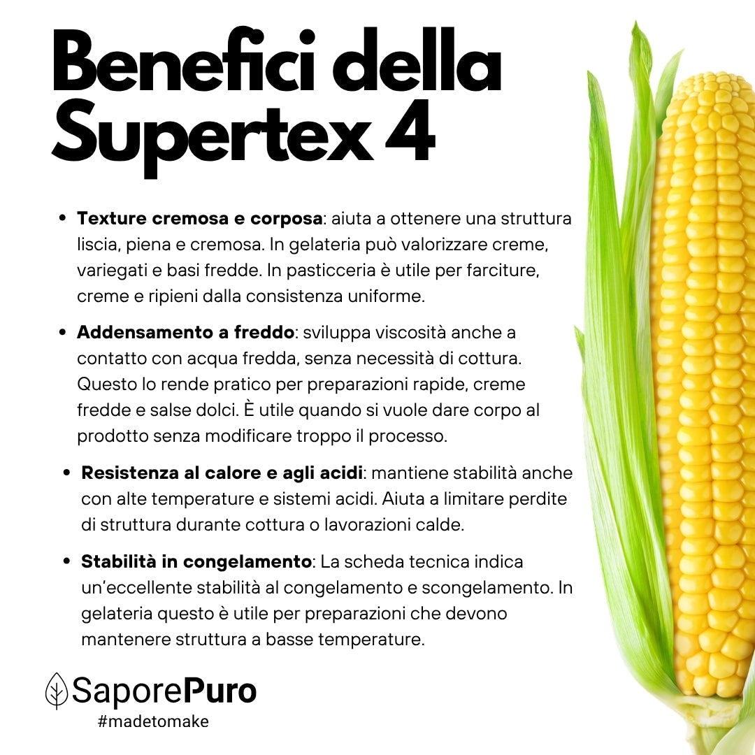 Amido alimentare modificato da mais SUPERTEX 4 di SaporePuro, usato a freddo, in confezione da amido modificato di mais.