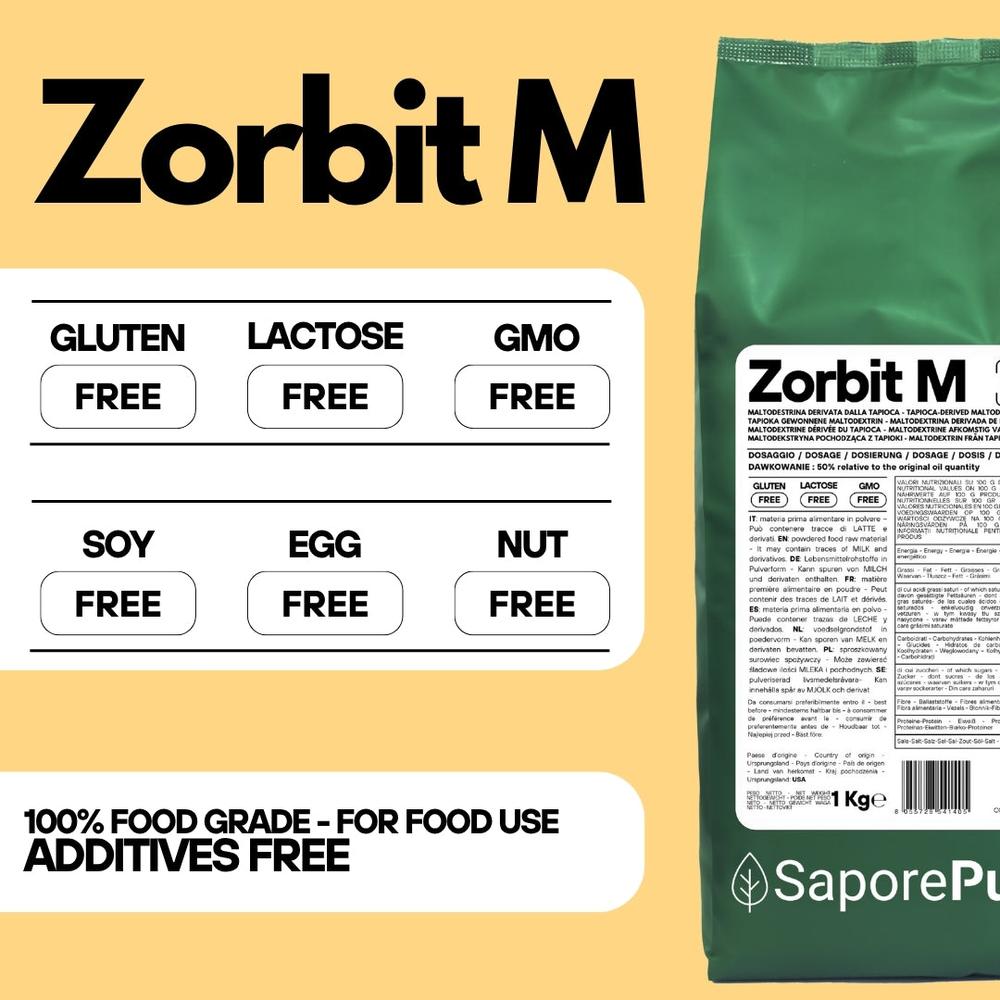 Bag of SaporePuro Zorbit M modified tapioca starch with maltodextrin derived from tapioca, showing the product packaging.