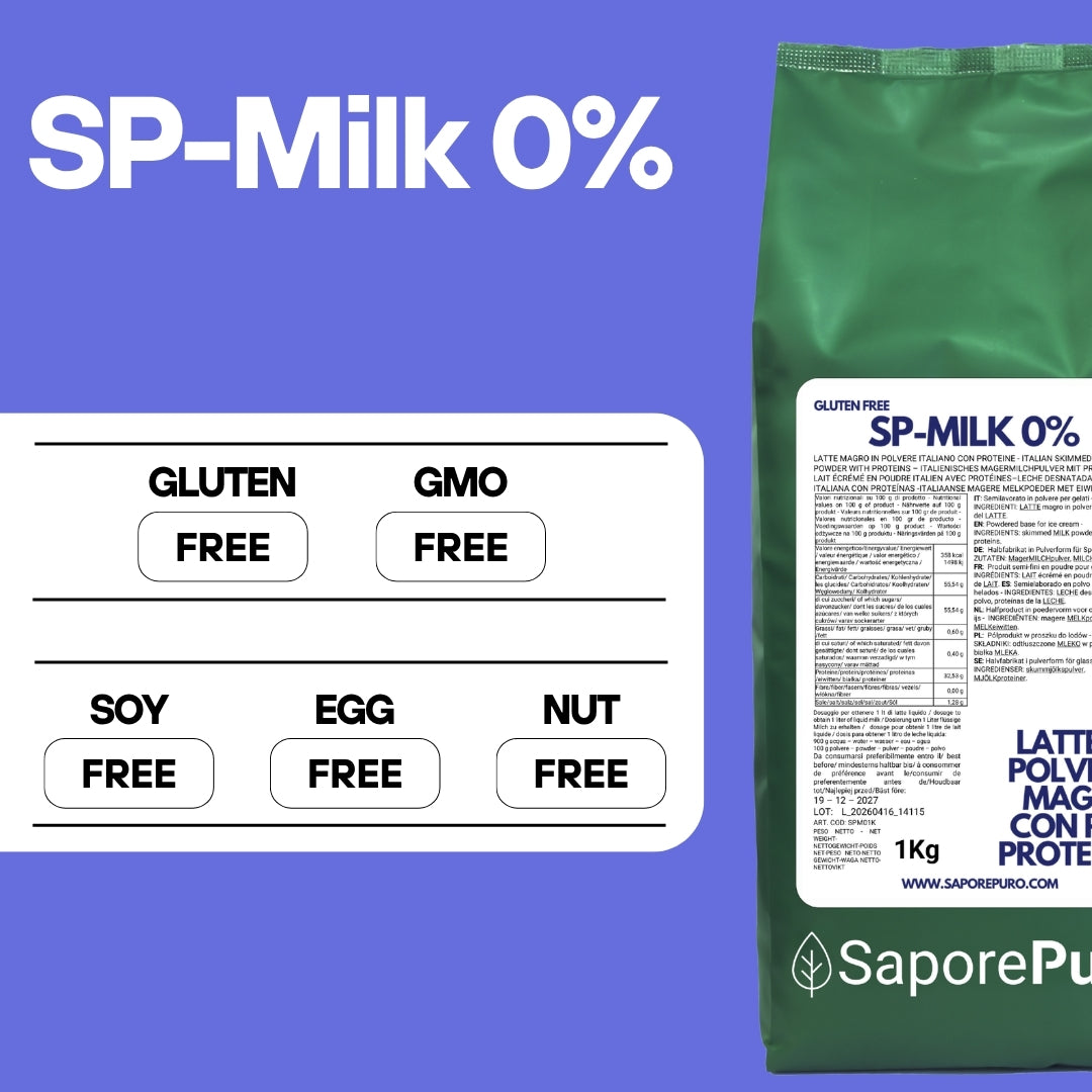 Latte magro in polvere SaporePuro con alto contenuto proteico, ideale per gelati, pasticceria e altri utilizzi in cucina.